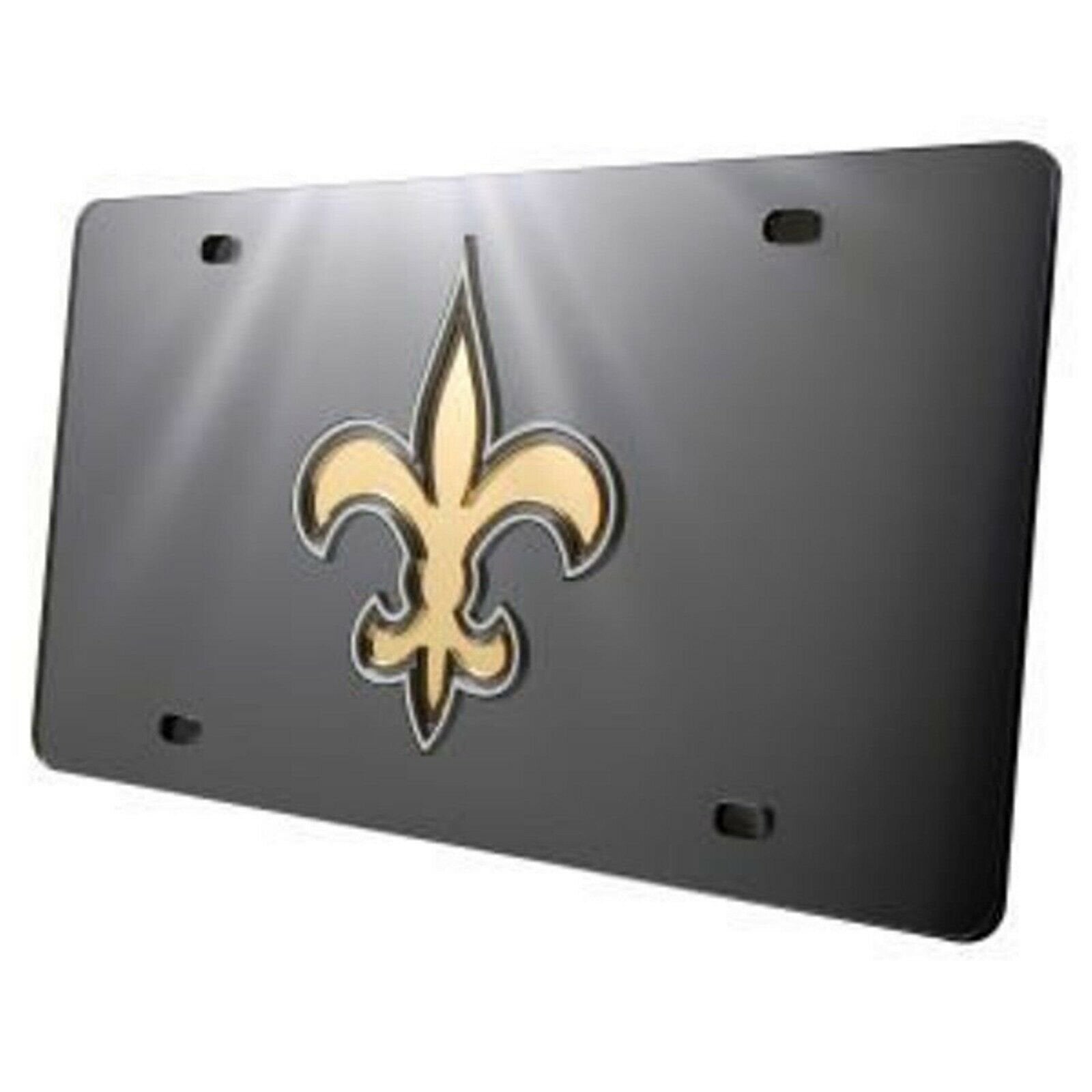 New Orleans Saints Premium Laser Cut Tag License Plate, Black Fleur De Lis, Mirrored Inlaid Acrylic, 12x6 Inch 2