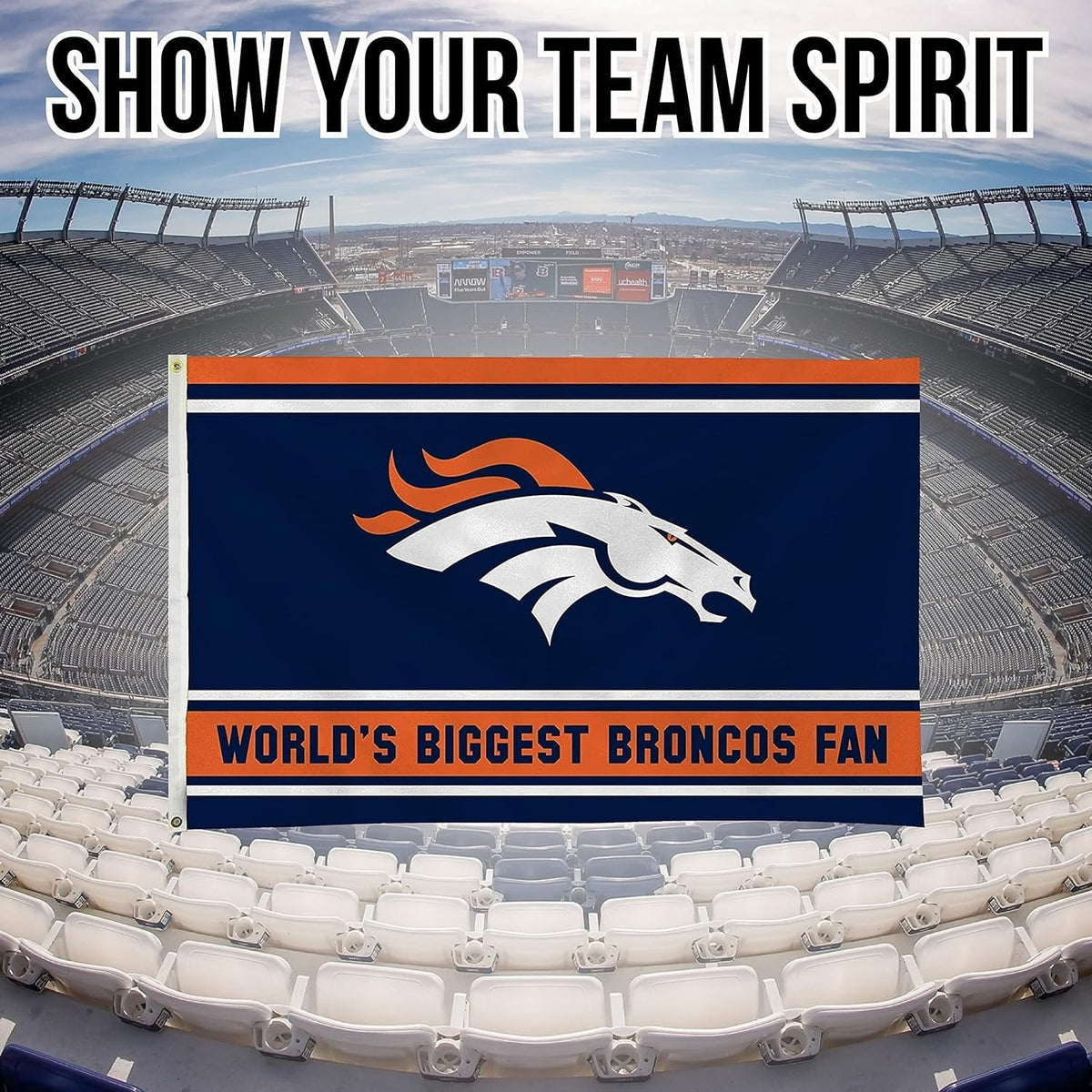 Denver Broncos 3x5 Feet Flag Banner, World's Biggest Fan, Metal Grommets, Single Sided, Indoor or Outdoor Use 6