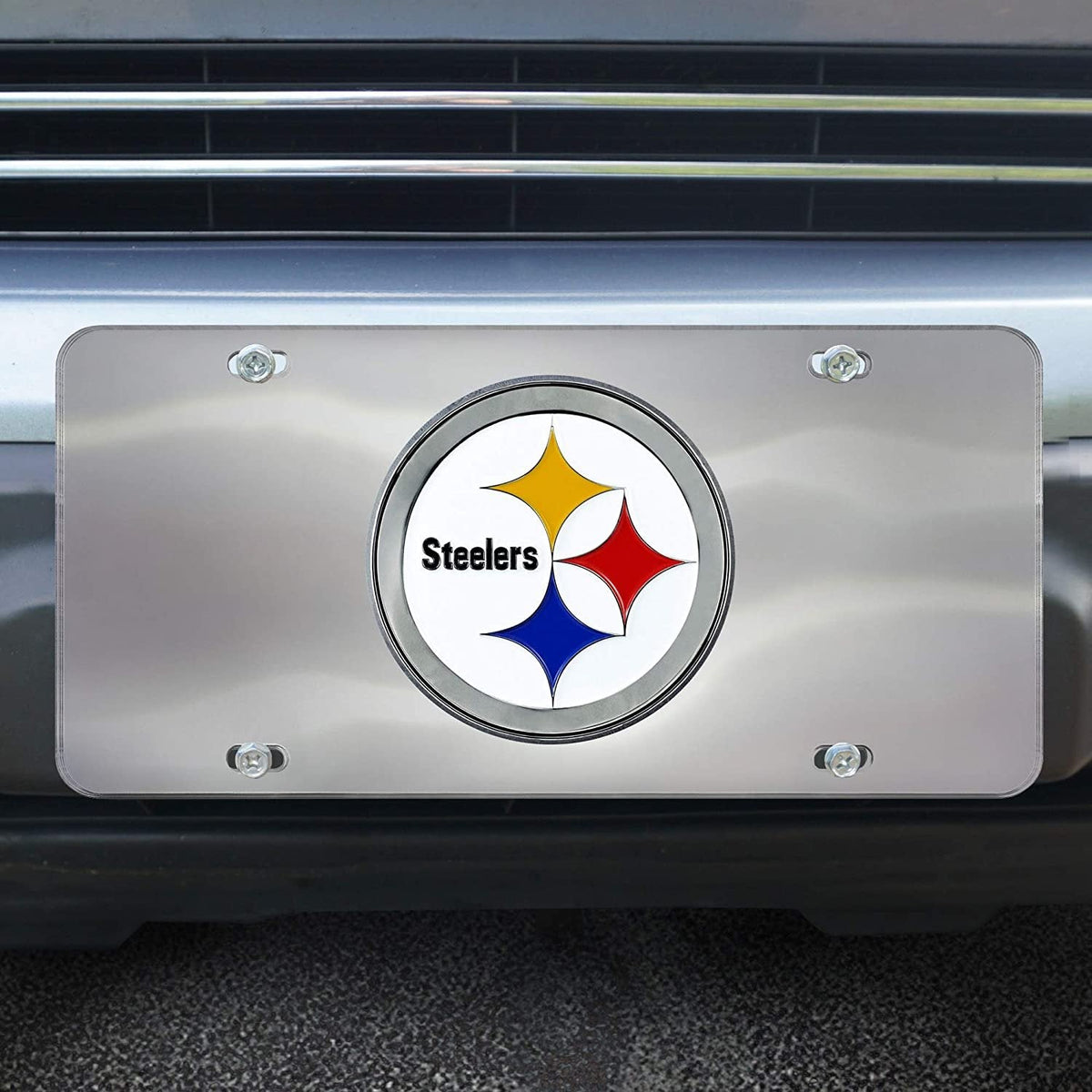 Pittsburgh Steelers License Plate Tag, Premium Stainless Steel Diecast, Chrome, Raised Solid Metal Color Emblem, 6x12 Inch