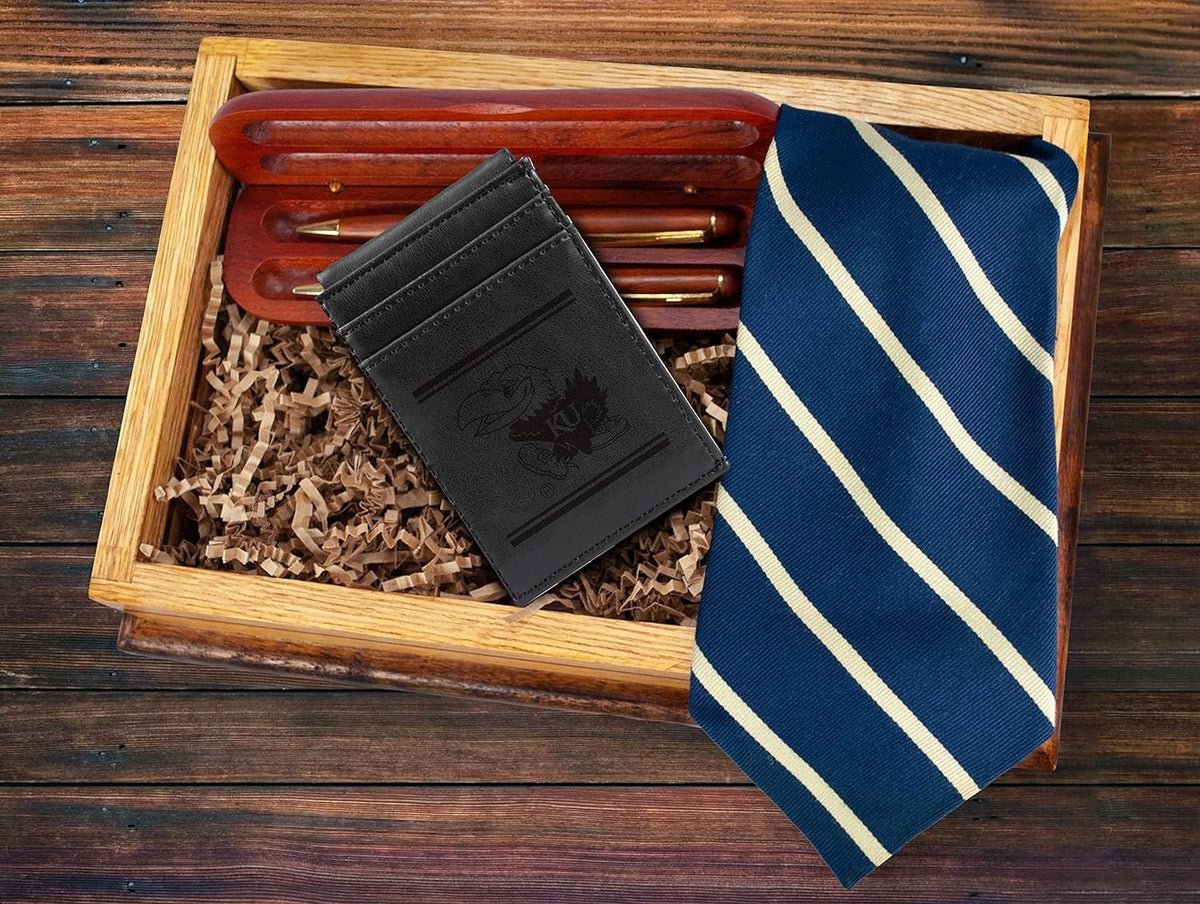 University of Kansas Jayhawks Premium Black Leather Wallet, Front Pocket Magnetic Money Clip, Laser Engraved, Vegan 4