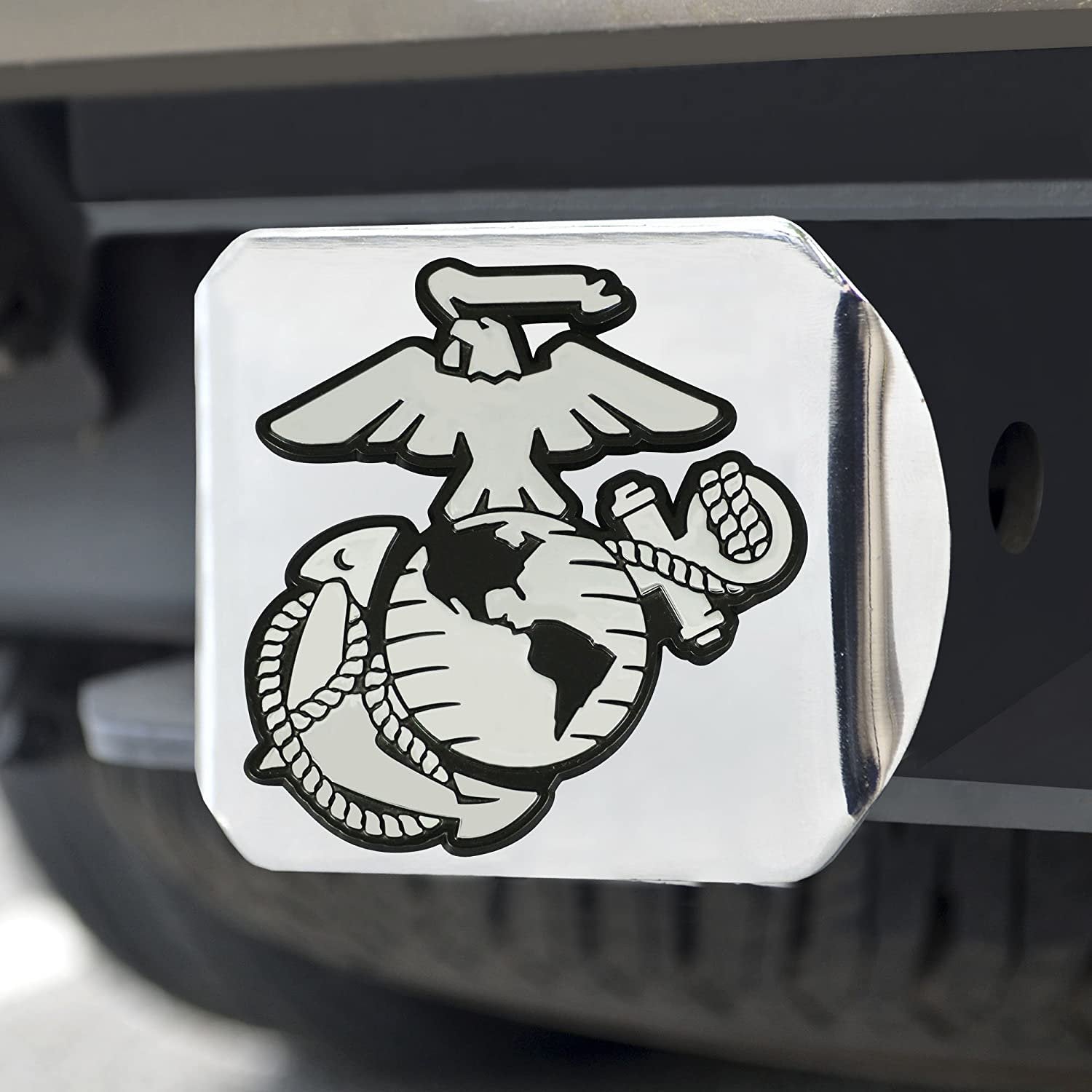 United States Marines Hitch Cover Solid Metal with Chrome Metal Emblem 2" Square Type III Military 1