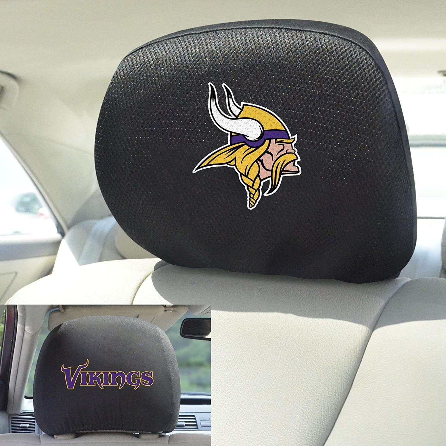 Minnesota Vikings Pair of Premium Auto Head Rest Covers, Embroidered, Black Elastic, 14x10 Inch 2