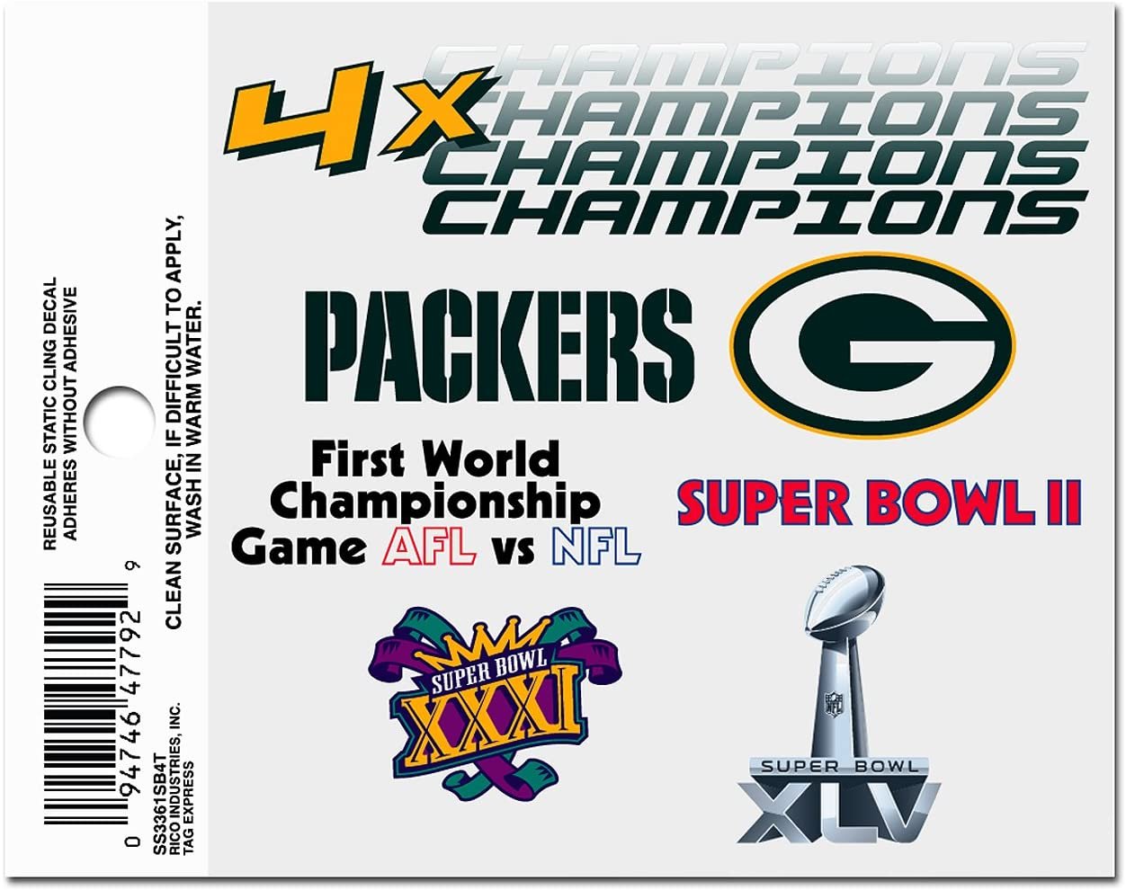 Green Bay Packers 4X Super Bowl Champions 3 Inch Flat Static Cling Decal 1