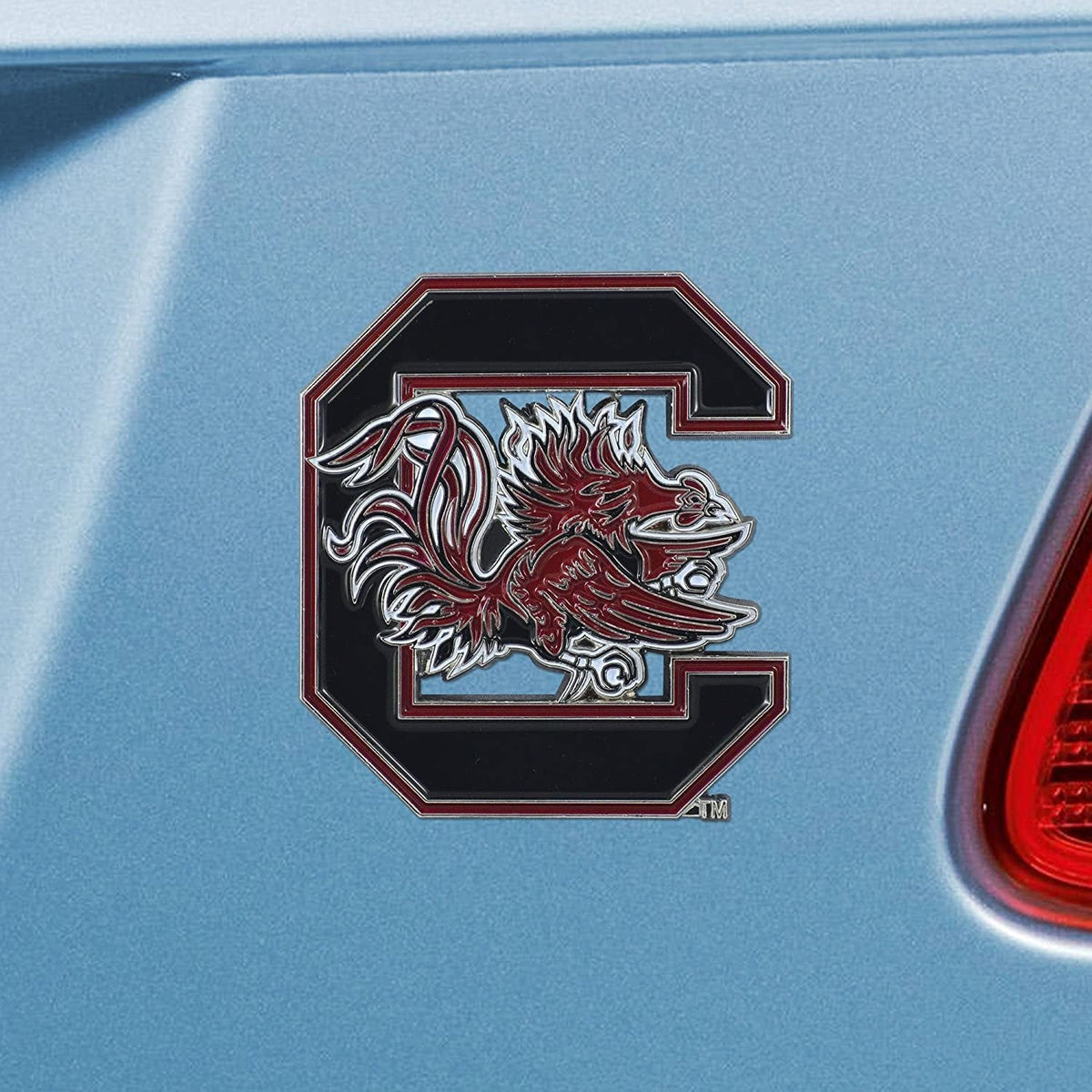 University of South Carolina Gamecocks Premium Solid Metal Raised Auto Emblem, Team Color, Shape Cut, Adhesive Backing
