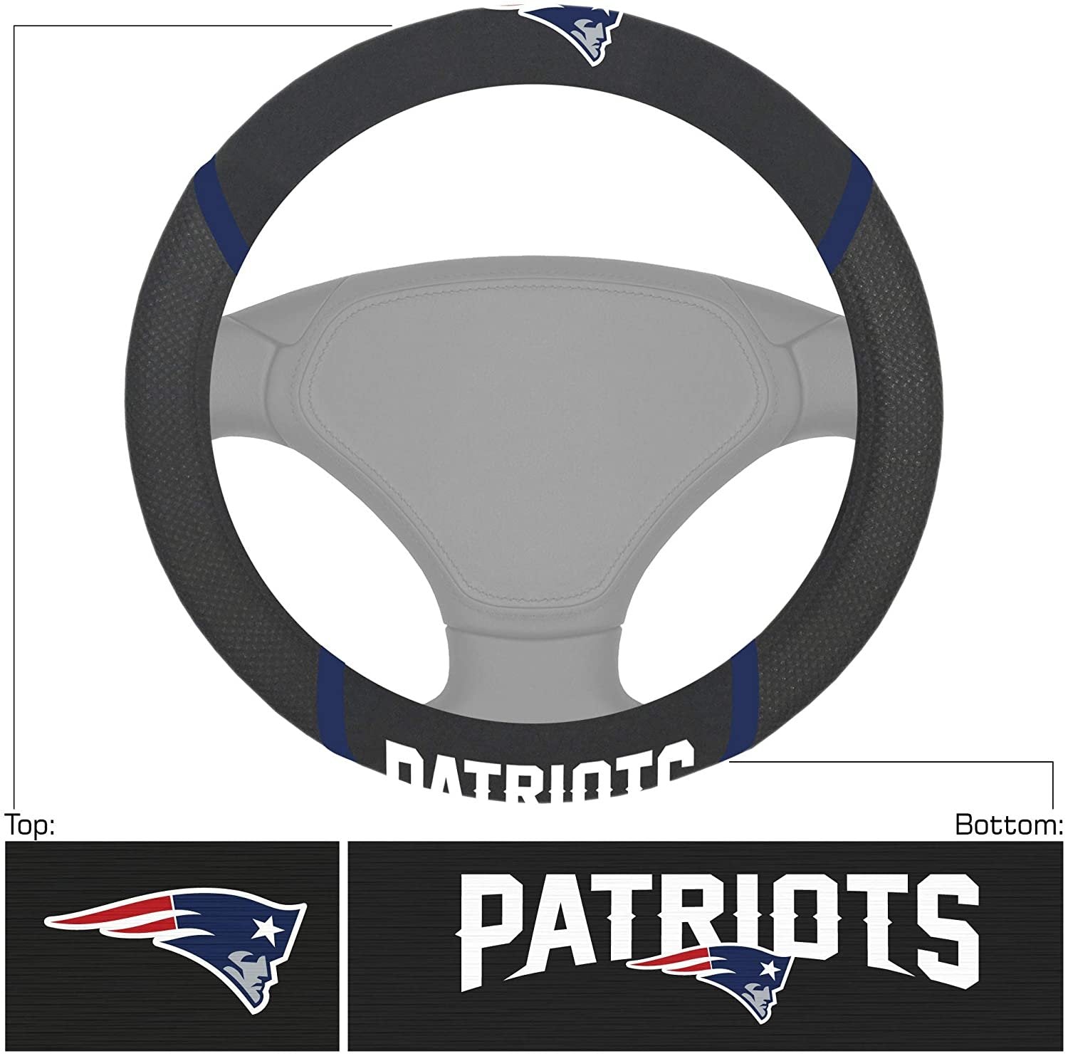 New England Patriots Premium 15 Inch Black Emroidered Steering Wheel Cover 2