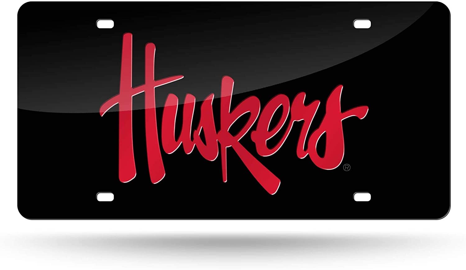 University of Nebraska Cornhuskers Premium Laser Cut Tag License Plate, Black, Mirrored Acrylic Inlaid, 6x12 Inch