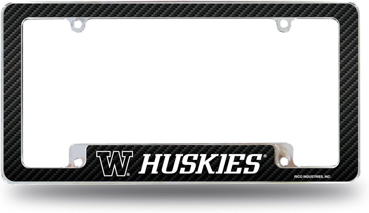 University of Washington Huskies Metal License Plate Frame Chrome Tag Cover 12x6 Inch Carbon Fiber Design