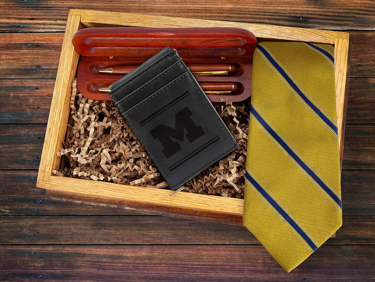 University of Michigan Wolverines Premium Black Leather Wallet, Front Pocket Magnetic Money Clip, Laser Engraved, Vegan 4
