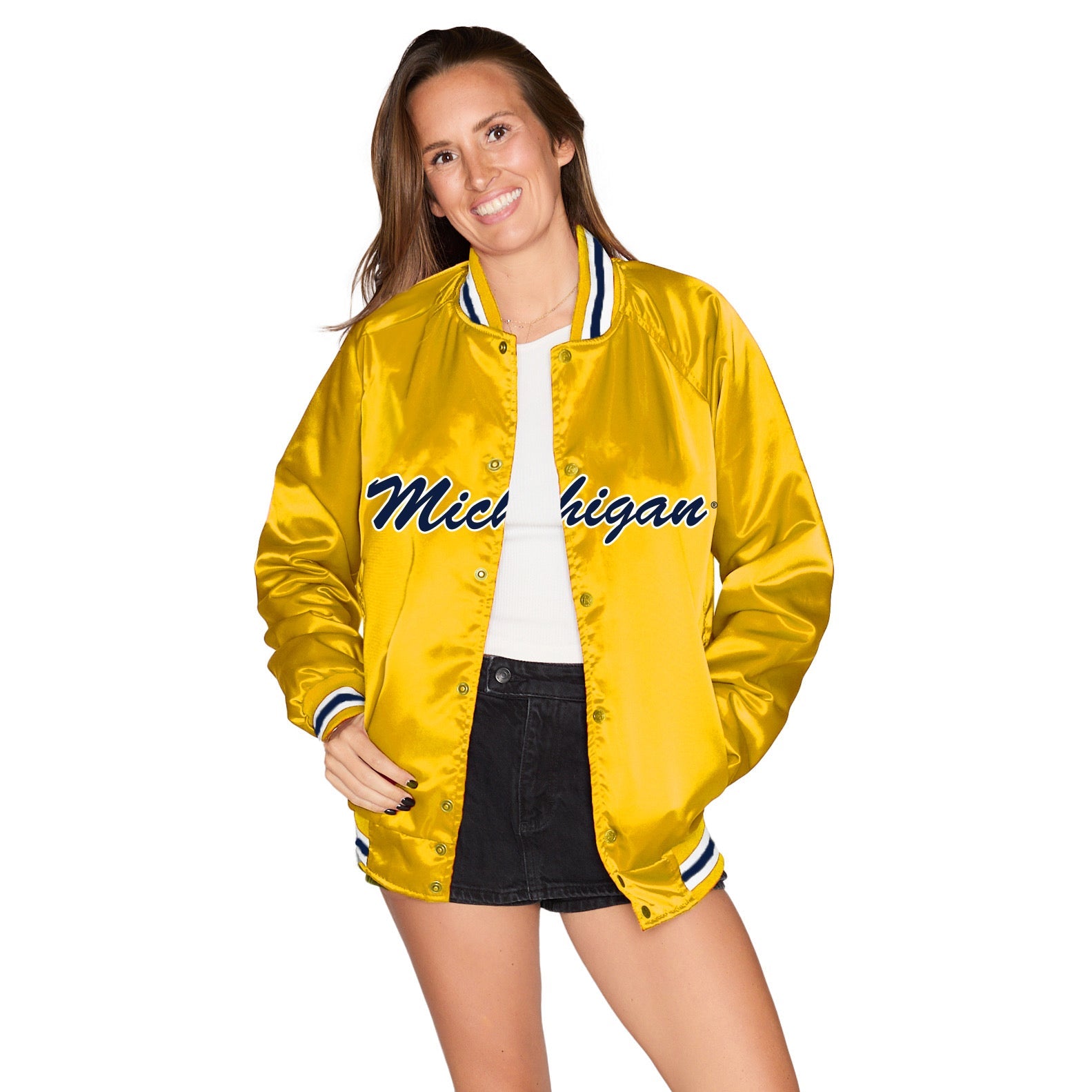 University of Michigan Maize Satin Letterman Bomber Jacket | lojobands 1