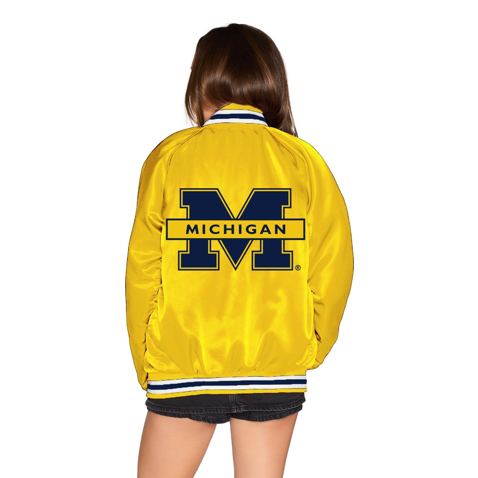 University of Michigan Maize Satin Letterman Bomber Jacket | lojobands 2