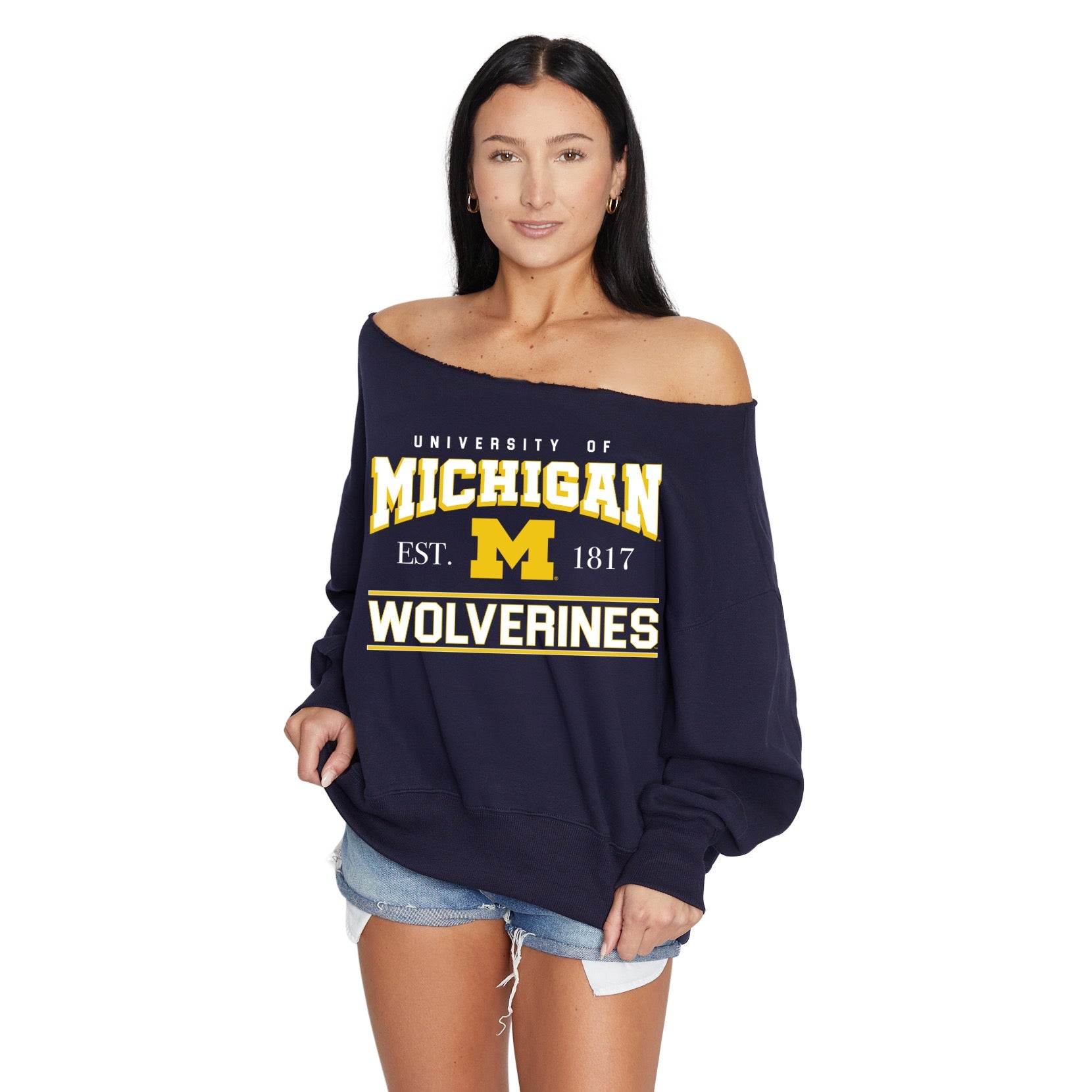 University of Michigan Navy Off the Shoulder Sweatshirt | lojobands