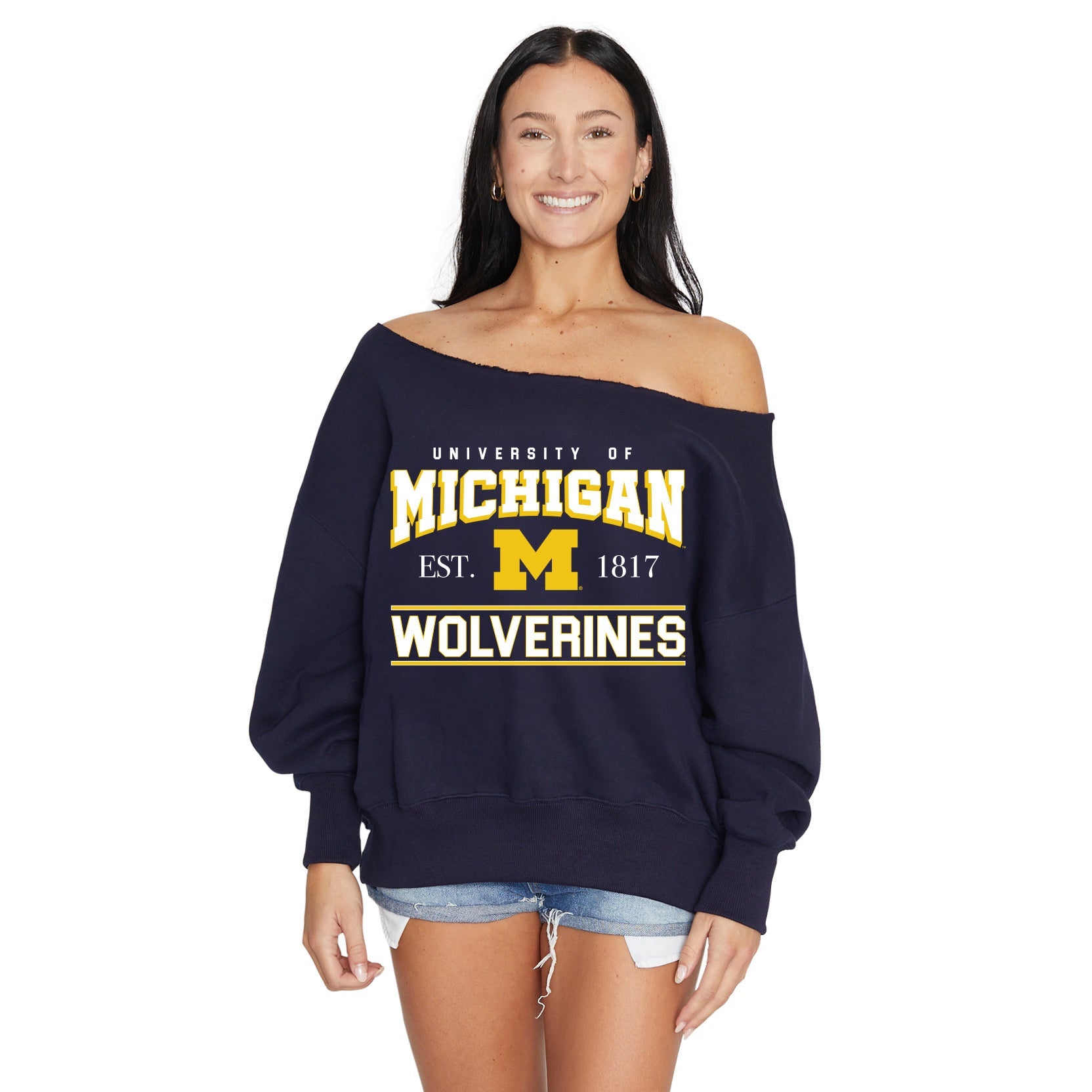 University of Michigan Navy Off the Shoulder Sweatshirt | lojobands