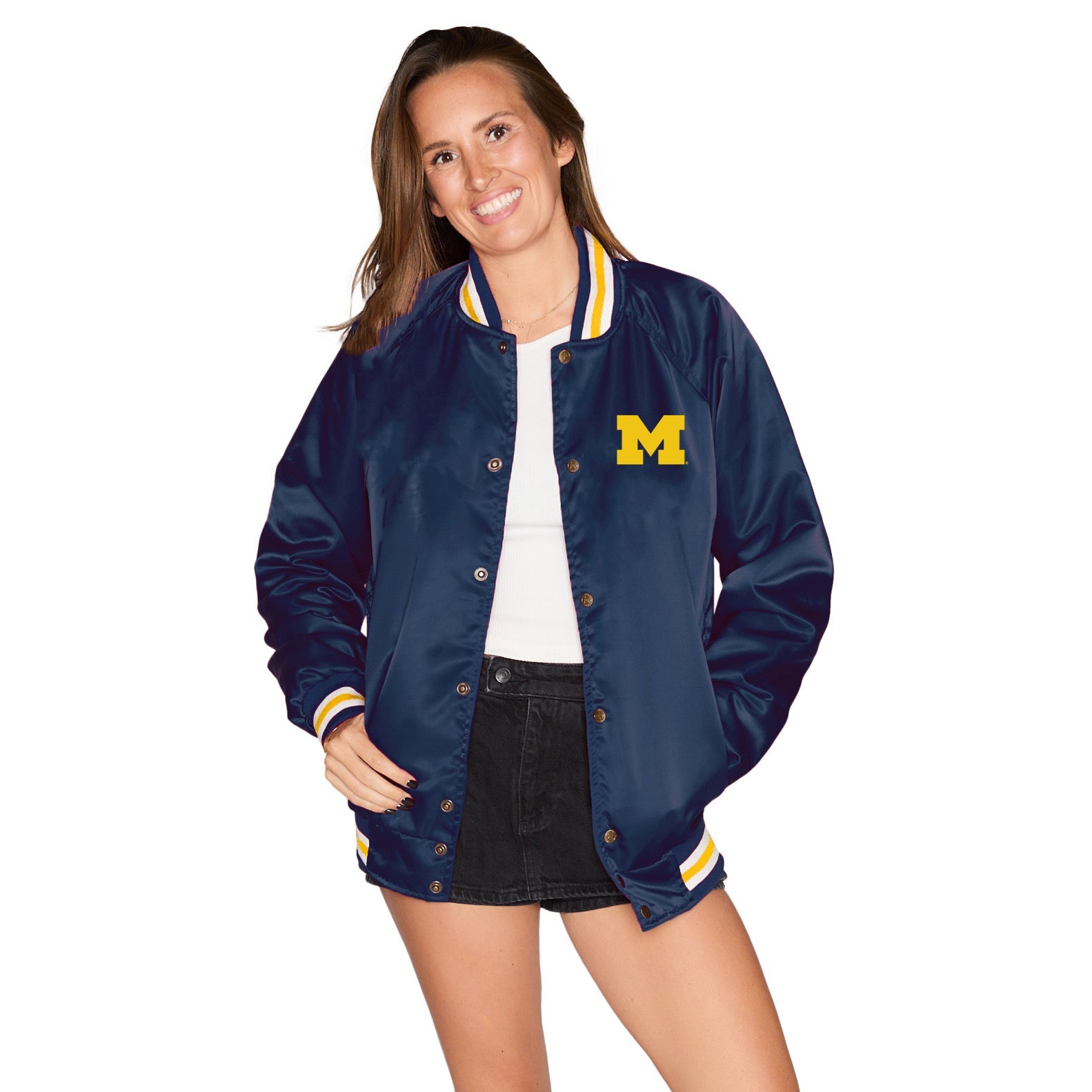 University of Michigan Navy Satin Letterman Bomber Jacket | lojobands