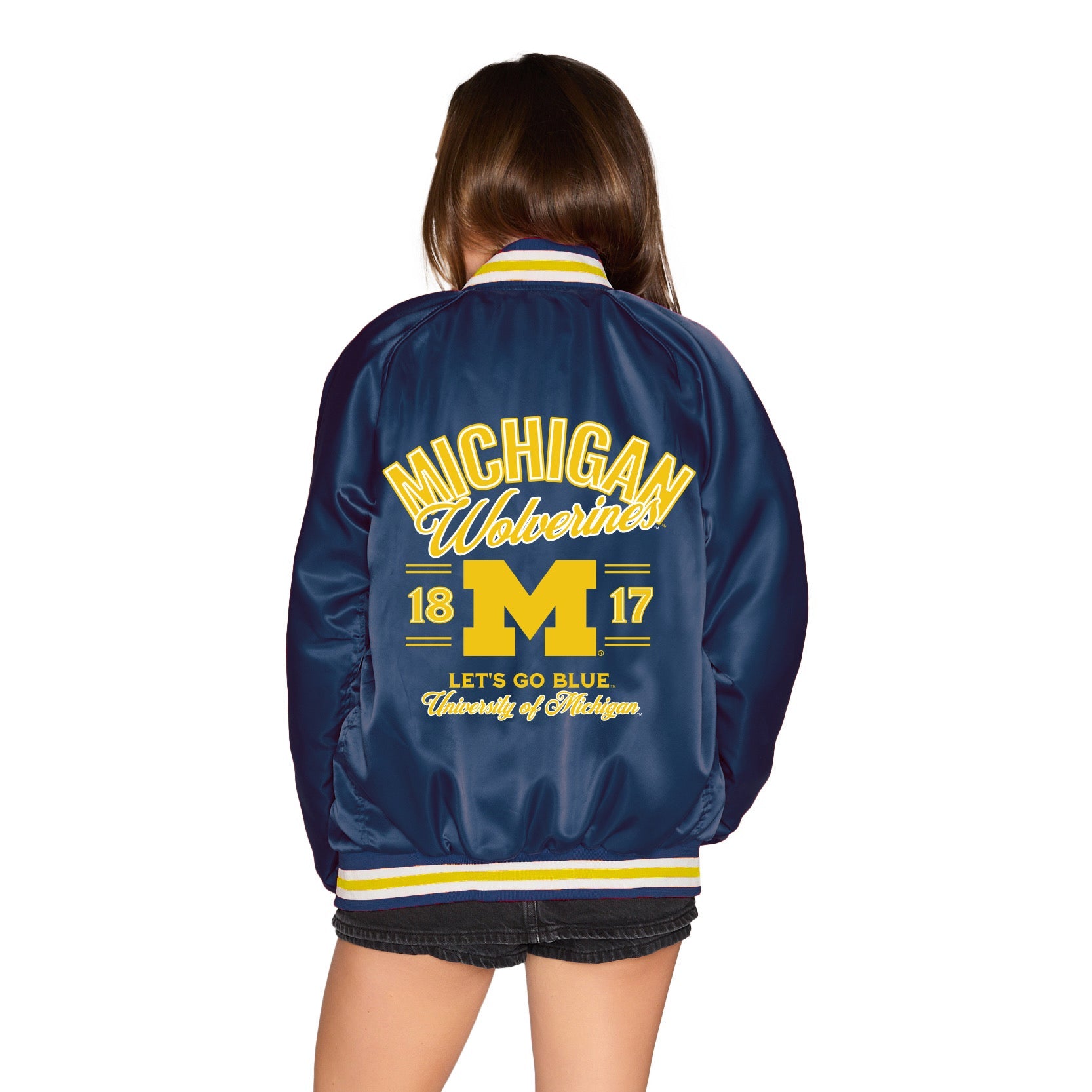 University of Michigan Navy Satin Letterman Bomber Jacket | lojobands
