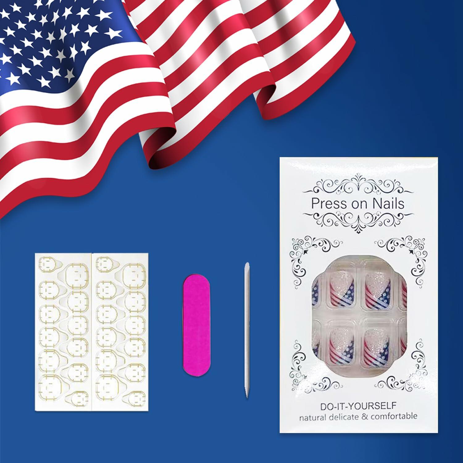 Independence Day Press On Nails Short Square USA Flag Patriotic Design 9