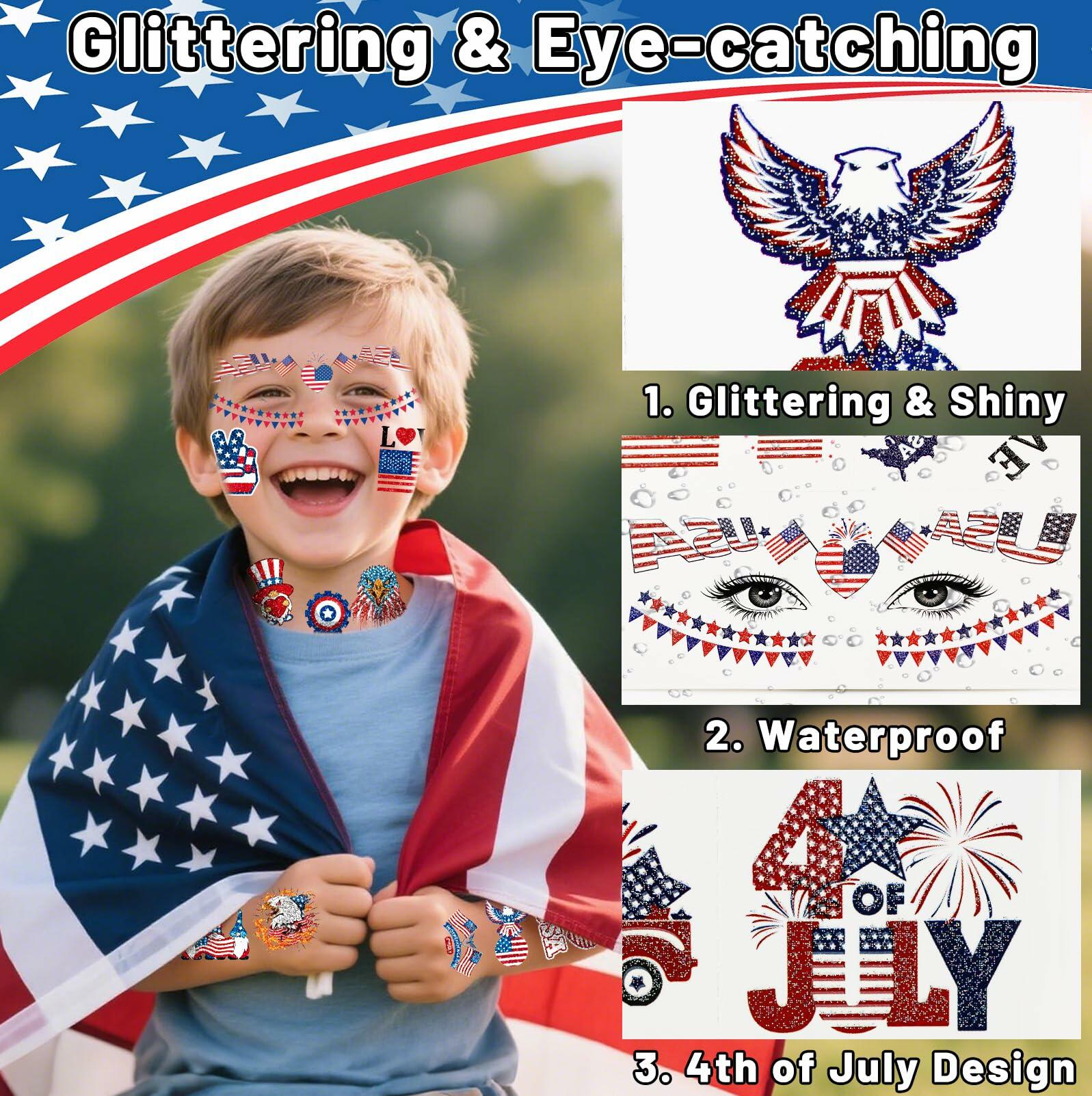 eboozone 4th of July Temporary Tattoos 68pcs Patriotic USA Flag Red/Blue 4