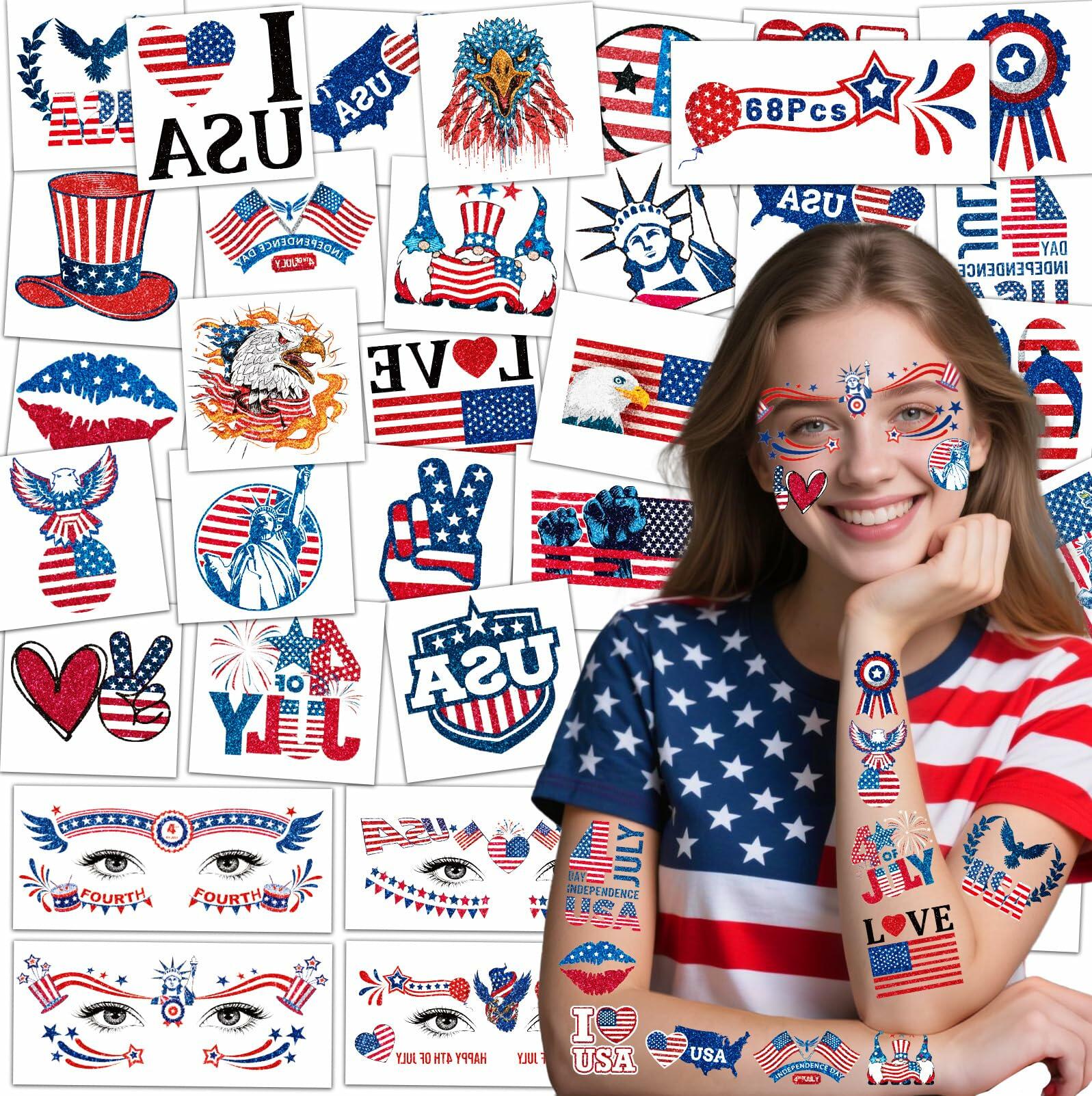eboozone 4th of July Temporary Tattoos 68pcs Patriotic USA Flag Red/Blue 1