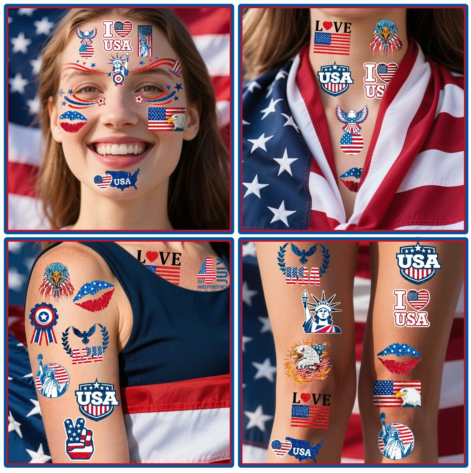 eboozone 4th of July Temporary Tattoos 68pcs Patriotic USA Flag Red/Blue 3