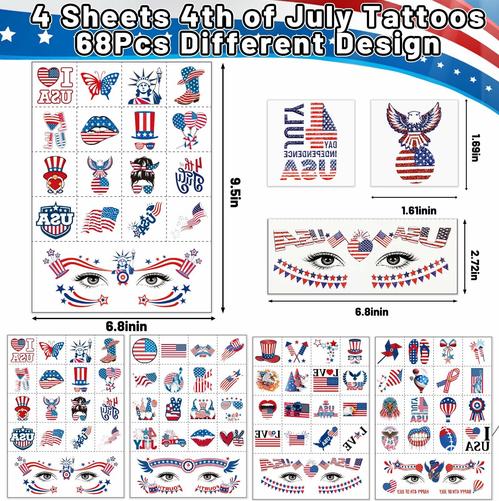 eboozone 4th of July Temporary Tattoos 68pcs Patriotic USA Flag Red/Blue 5