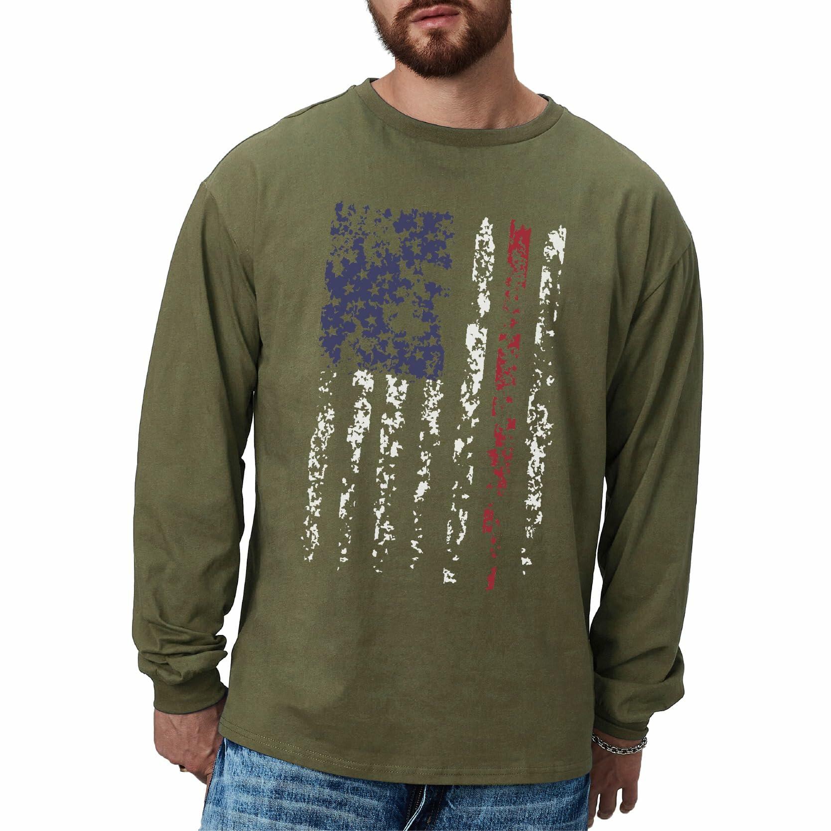H HYFOL Men's 1776 Independence Day USA Flag Long Sleeve Tee White Size 4XL 4