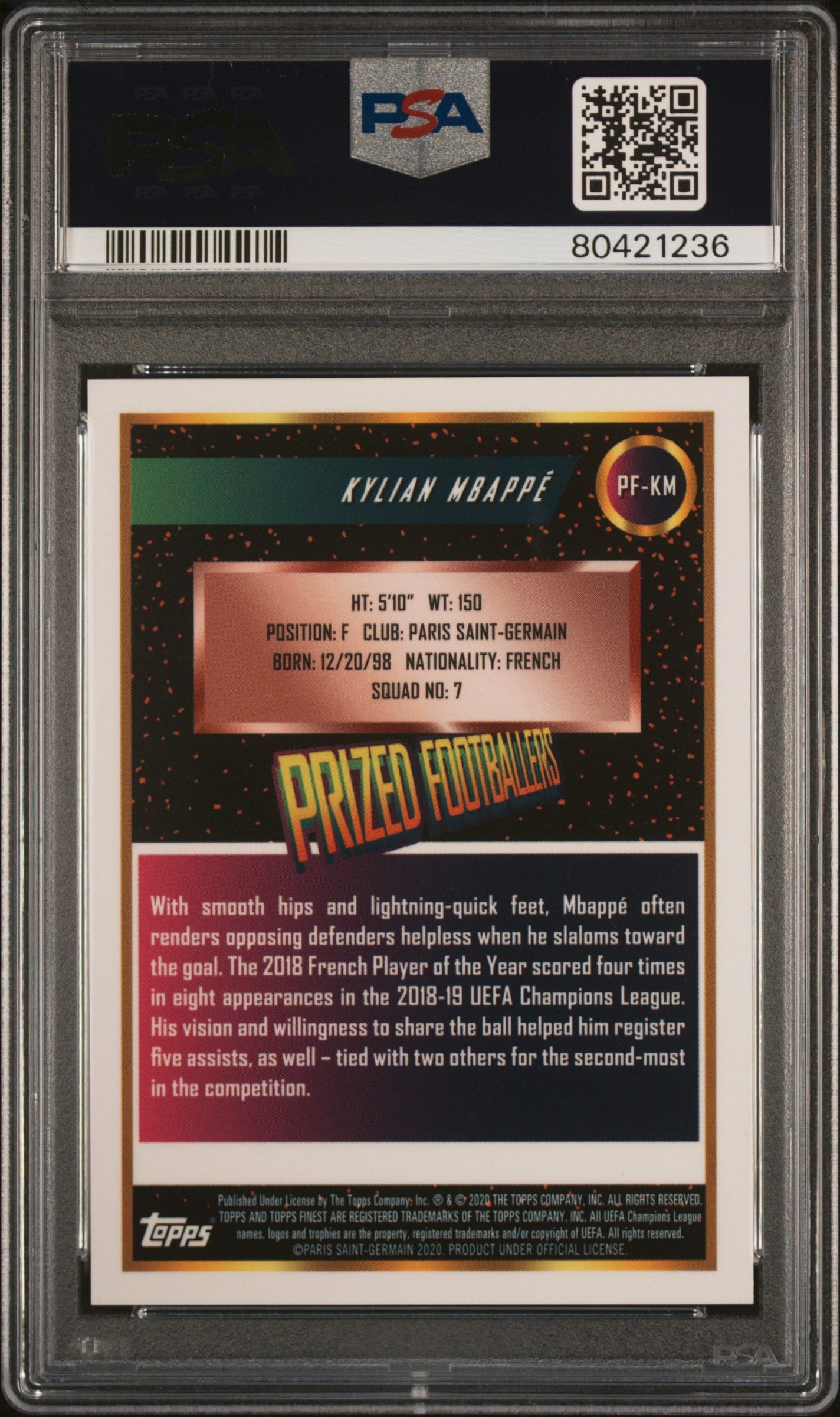 Graded 2019 Topps Finest UCL Kylian Mbappe #PFKM Prized Footballers Soccer Card PSA 10 Gem Mint 2
