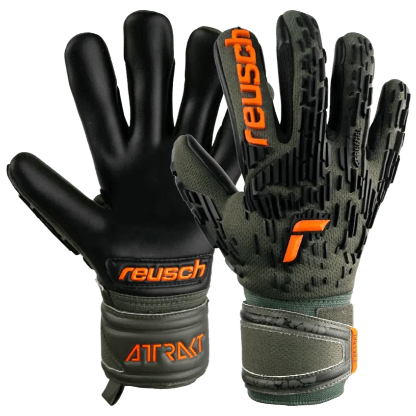 Reusch JR Attrakt Freegel Silver Finger Support Goalkeeper Gloves - Desert Green-Orange-Black 1