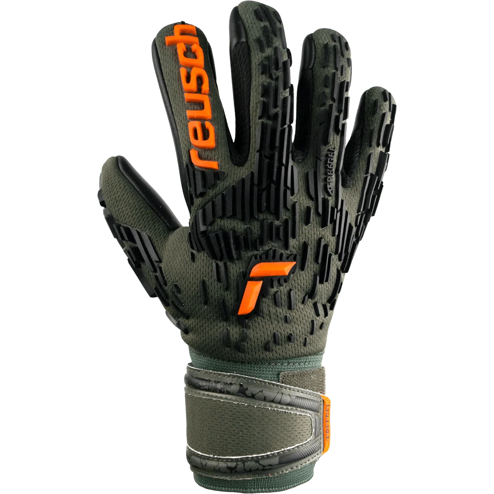 Reusch JR Attrakt Freegel Silver Finger Support Goalkeeper Gloves - Desert Green-Orange-Black 2
