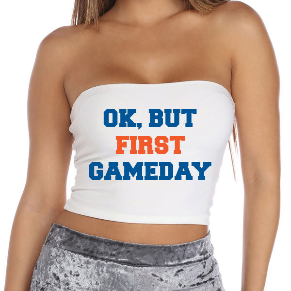 Royal Blue & Orange Ok, But First Gameday Tube Top | lojobands 1