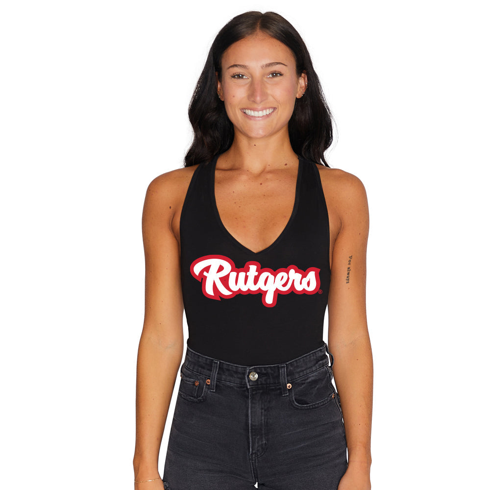 Rutgers Cursive Black Bodysuit | lojobands