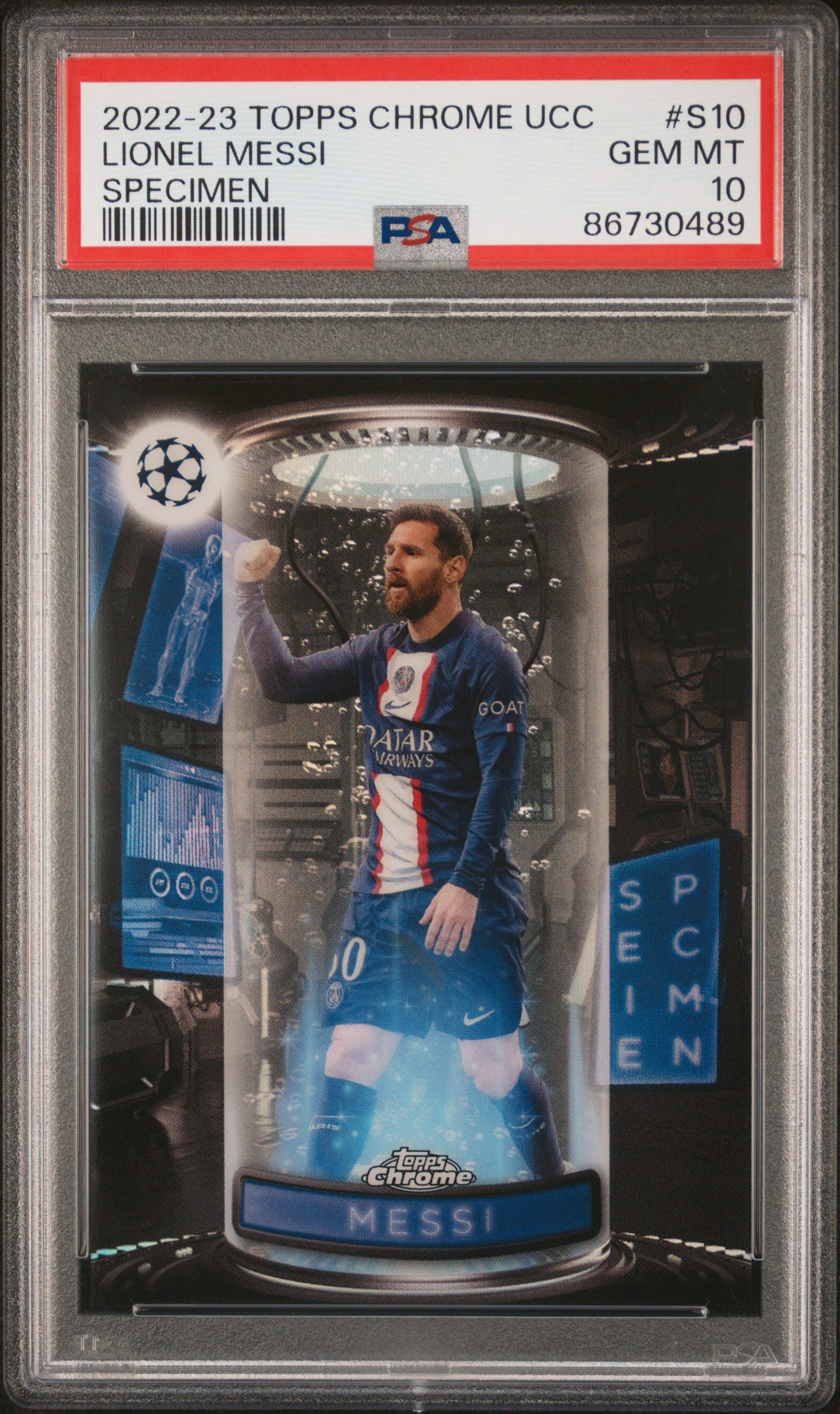 Graded 2022 Topps Chrome UCC Lionel Messi #S10 Specimen Soccer Card PSA 10 Gem Mint 1