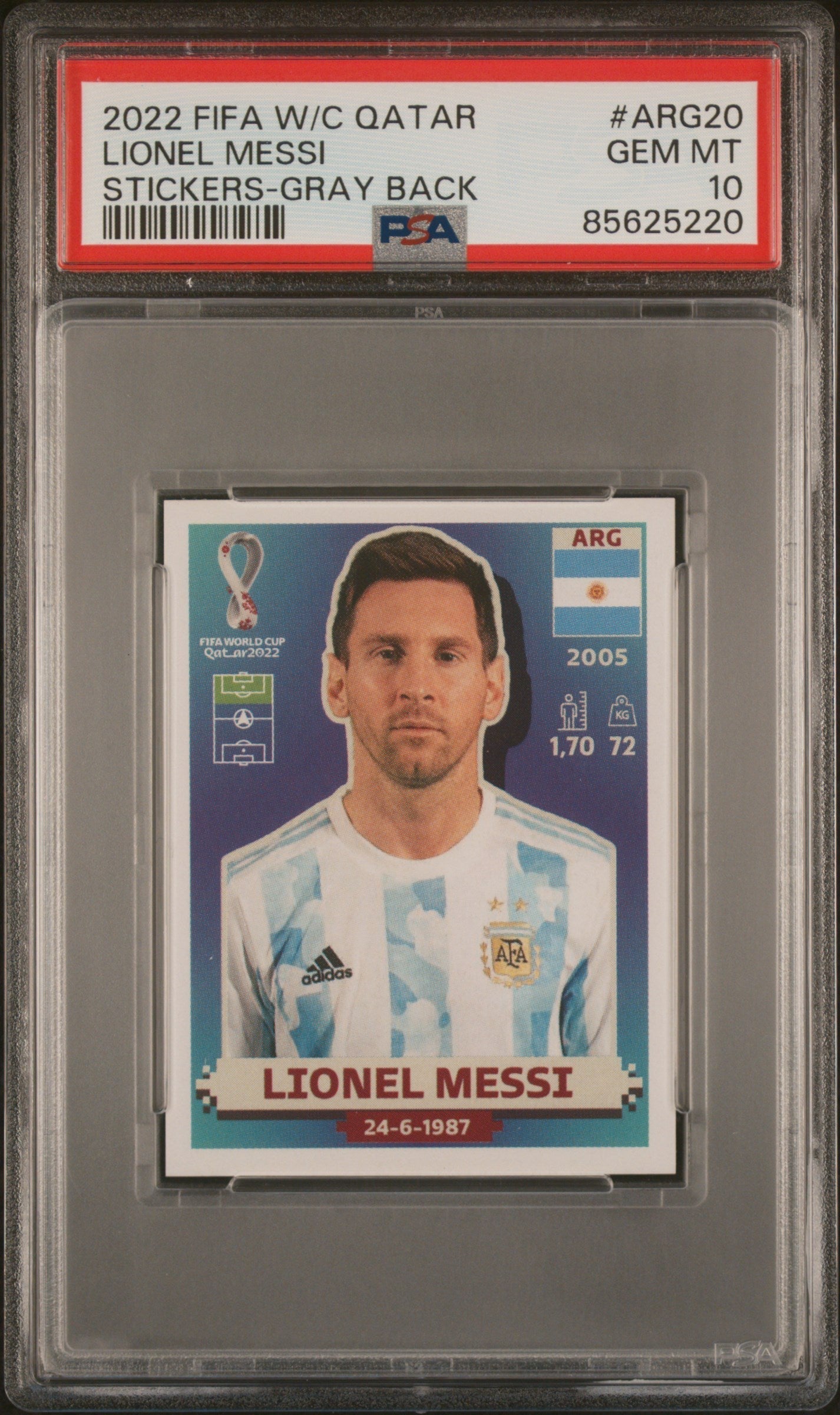Graded 2022 Panini World Cup Qatar Lionel Messi #ARG20 Gray Back Soccer Sticker Card PSA 10 Gem Mint 1