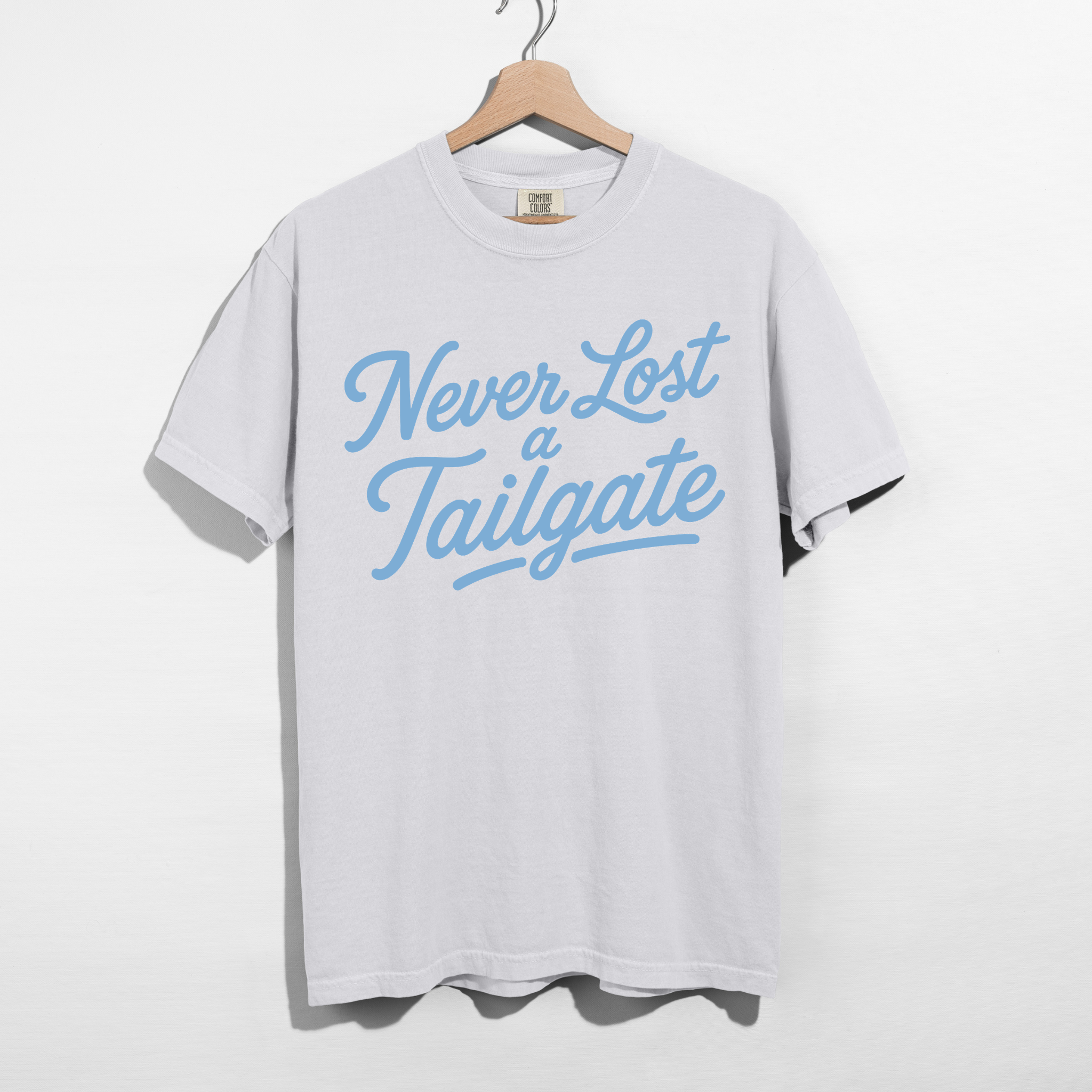 Never Lost a Tailgate Baby Blue Graphic Tee – Carolina Blue Football Game Day Shirt 4