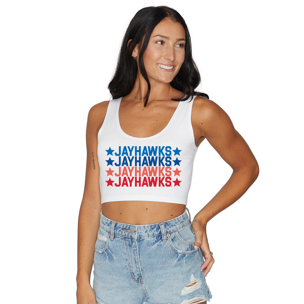 Kansas Jayhawks Repeat White Crop Tank Top | lojobands