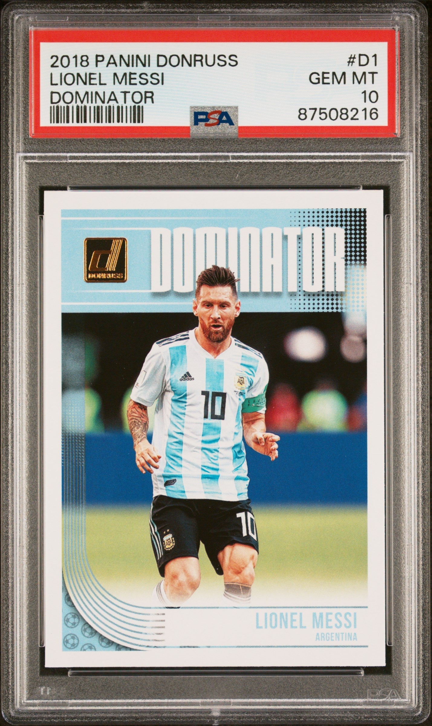 Graded 2018 Panini Donruss Lionel Messi #D1 Dominator Soccer Card PSA 10 Gem Mint 1
